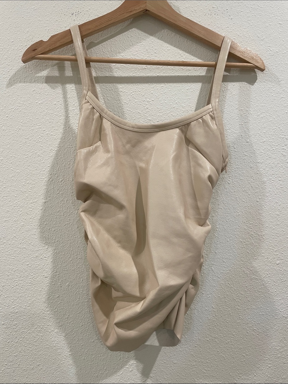 Cou Coo Tan Faux Leather Rouched Tank Top Camo Minimalist Classic Size Medium